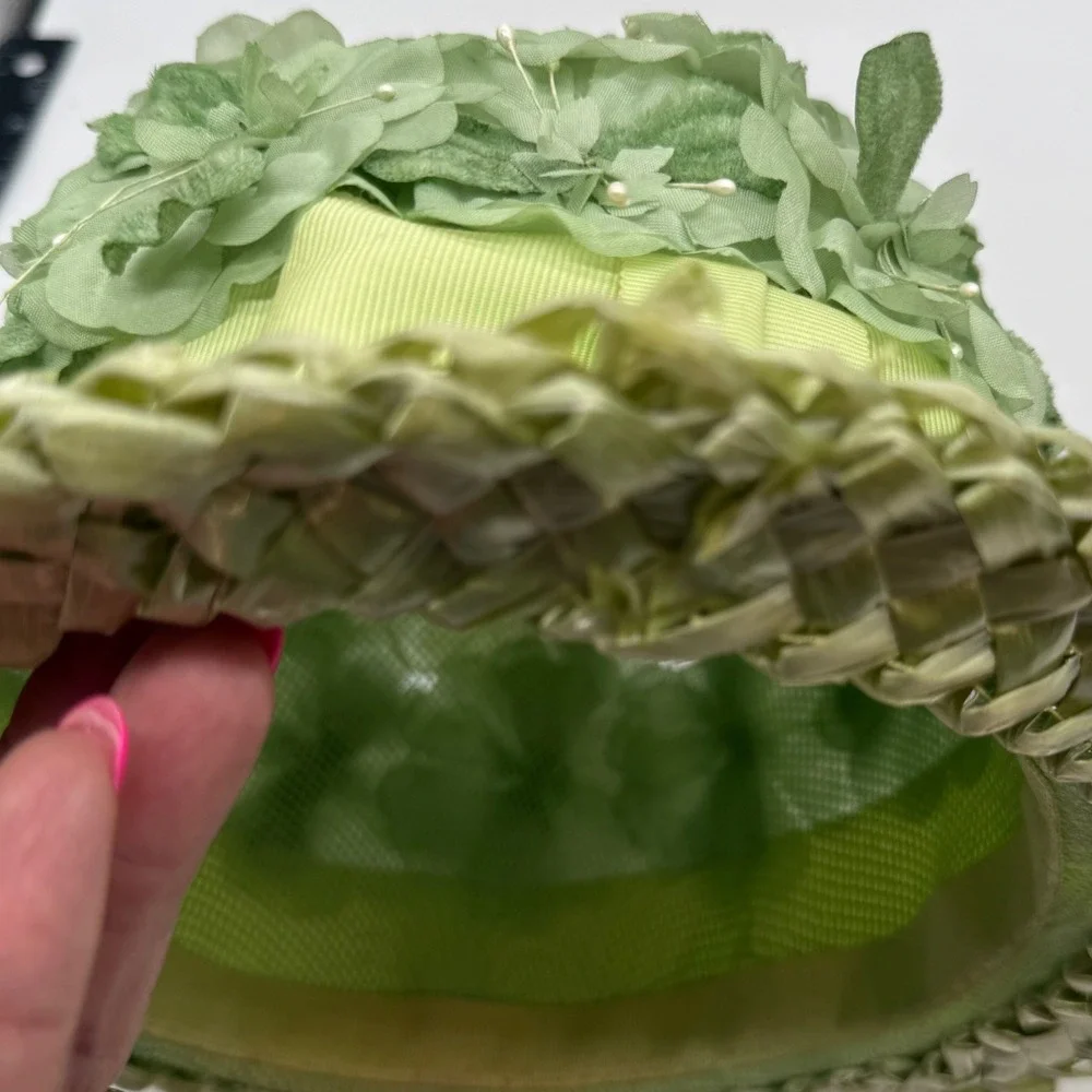 VTG Wilk's Green Floral Straw Pillbox Hat Original Box Mid Century union 50s 60s